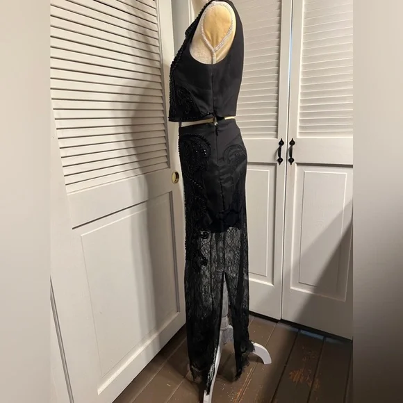Vintage BEBE heavily beaded lace black skirt size 4 and top size 8 two piece set
